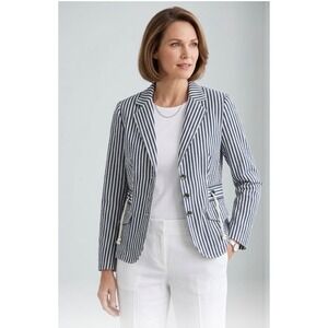 Coldwater Creek Navy White Seersucker Striped Blazer Jacket Nautical Cotton 14
